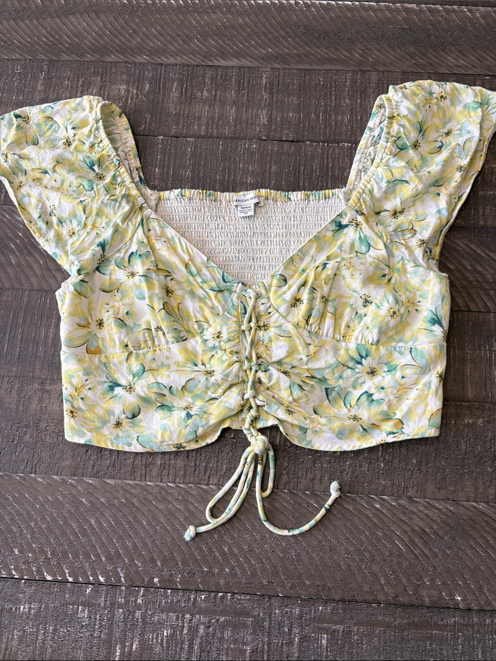 American Eagle Outfitters Yellow & Green Floral Lace-Up Crop Top